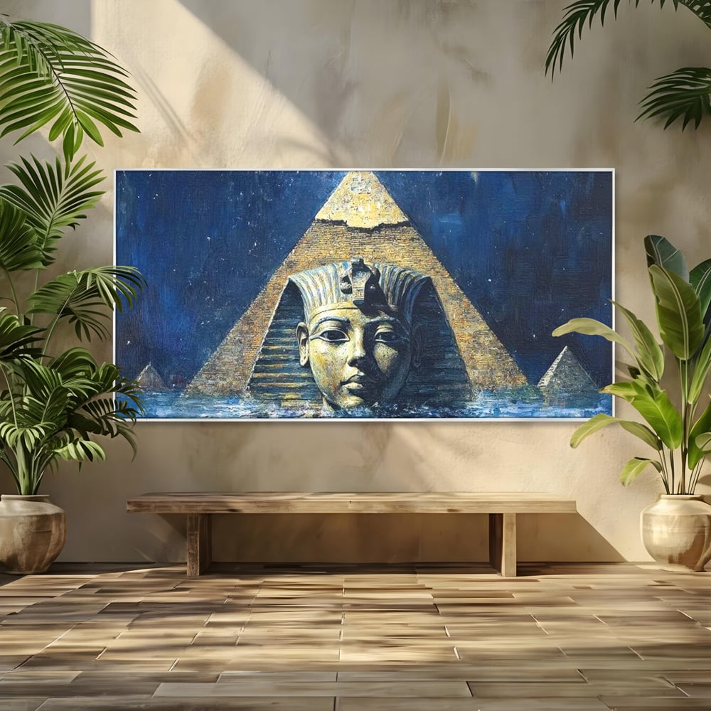 Tablou canvas cu pictura cu sfinx si piramida in apa, in rama de aluminiu argintiu